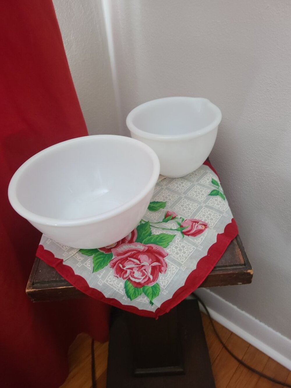 Set Of 2 Glasbake Sunbeam Mixer Bowls White Milk Glass Vintage Pour Spout